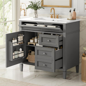 English Elm 36 Inch Modern Bathroom Vanity Ceramic Sink MDF Cabinet Soft Close Storage Drawers Grey N710P495511E