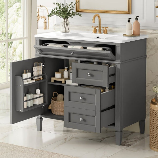 English Elm 36 Inch Modern Bathroom Vanity Ceramic Sink MDF Cabinet Soft Close Storage Drawers Grey N710P495511E