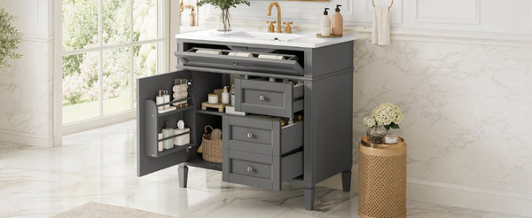 English Elm 36 Inch Modern Bathroom Vanity Ceramic Sink MDF Cabinet Soft Close Storage Drawers Grey N710P495511E