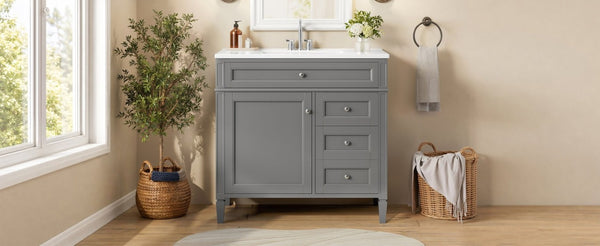 English Elm 36 Inch Modern Bathroom Vanity Ceramic Sink MDF Cabinet Soft Close Storage Drawers Grey N710P495511E