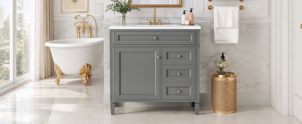 English Elm 36 Inch Modern Bathroom Vanity Ceramic Sink MDF Cabinet Soft Close Storage Drawers Grey N710P495511E