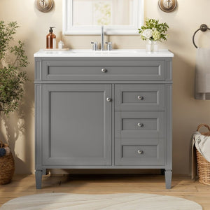 English Elm 36 Inch Modern Bathroom Vanity Ceramic Sink MDF Cabinet Soft Close Storage Drawers Grey N710P495511E