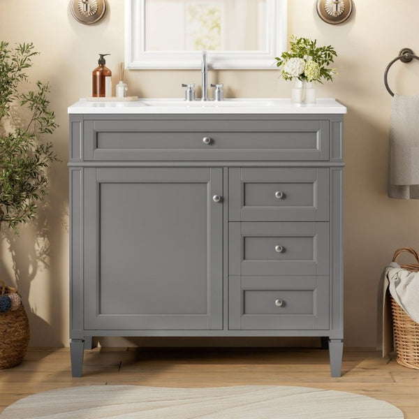 English Elm 36 Inch Modern Bathroom Vanity Ceramic Sink MDF Cabinet Soft Close Storage Drawers Grey N710P495511E