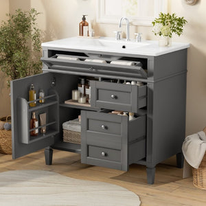English Elm 36 Inch Modern Bathroom Vanity Ceramic Sink MDF Cabinet Soft Close Storage Drawers Grey N710P495511E