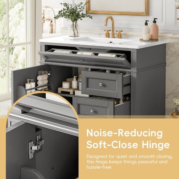 English Elm 36 Inch Modern Bathroom Vanity Ceramic Sink MDF Cabinet Soft Close Storage Drawers Grey N710P495511E