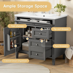 English Elm 36 Inch Modern Bathroom Vanity Ceramic Sink MDF Cabinet Soft Close Storage Drawers Grey N710P495511E