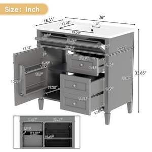 English Elm 36 Inch Modern Bathroom Vanity Ceramic Sink MDF Cabinet Soft Close Storage Drawers Grey N710P495511E