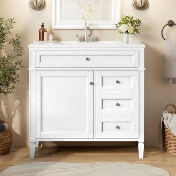 English Elm 36 Inch Modern Bathroom Vanity Ceramic Sink MDF Cabinet Soft Close Storage Drawers White N710P495511K
