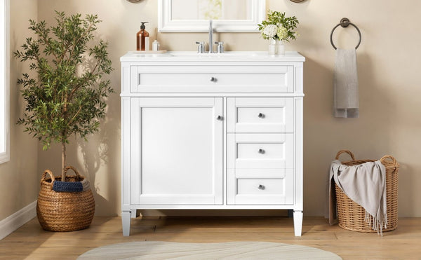 English Elm 36 Inch Modern Bathroom Vanity Ceramic Sink MDF Cabinet Soft Close Storage Drawers White N710P495511K