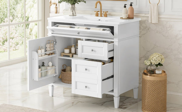 English Elm 36 Inch Modern Bathroom Vanity Ceramic Sink MDF Cabinet Soft Close Storage Drawers White N710P495511K