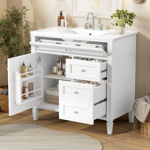 English Elm 36 Inch Modern Bathroom Vanity Ceramic Sink MDF Cabinet Soft Close Storage Drawers White N710P495511K
