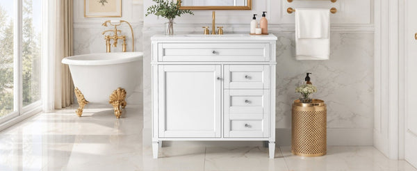 English Elm 36 Inch Modern Bathroom Vanity Ceramic Sink MDF Cabinet Soft Close Storage Drawers White N710P495511K