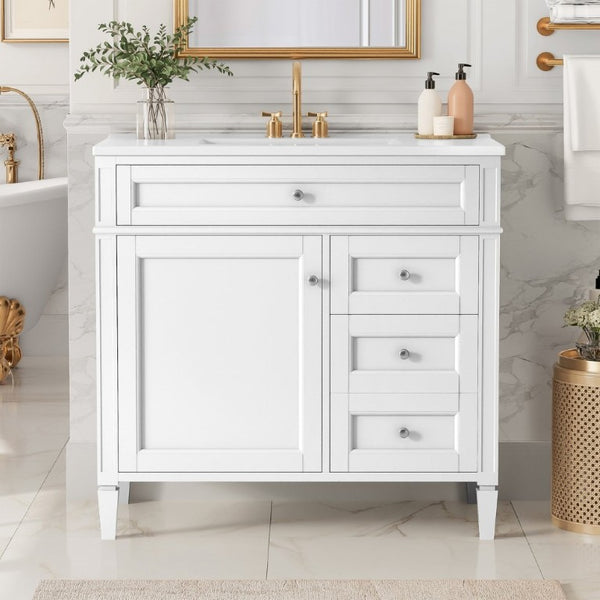 English Elm 36 Inch Modern Bathroom Vanity Ceramic Sink MDF Cabinet Soft Close Storage Drawers White N710P495511K