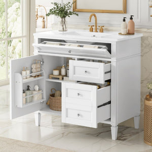 English Elm 36 Inch Modern Bathroom Vanity Ceramic Sink MDF Cabinet Soft Close Storage Drawers White N710P495511K