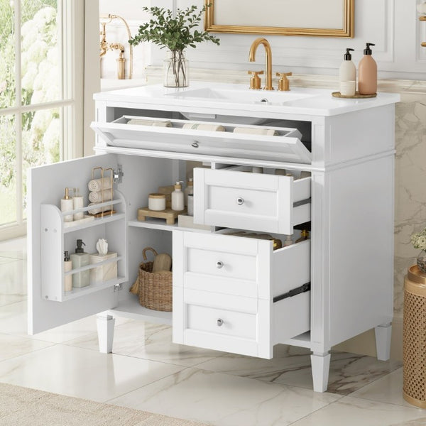 English Elm 36 Inch Modern Bathroom Vanity Ceramic Sink MDF Cabinet Soft Close Storage Drawers White N710P495511K