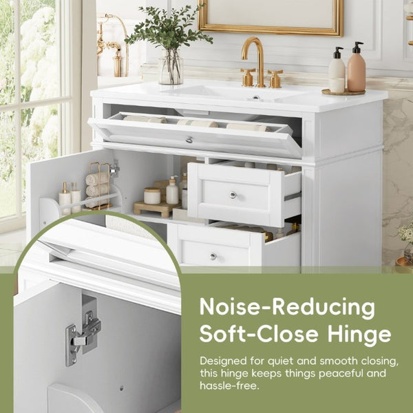 English Elm 36 Inch Modern Bathroom Vanity Ceramic Sink MDF Cabinet Soft Close Storage Drawers White N710P495511K