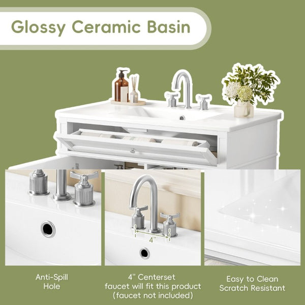 English Elm 36 Inch Modern Bathroom Vanity Ceramic Sink MDF Cabinet Soft Close Storage Drawers White N710P495511K