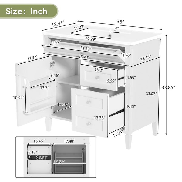 English Elm 36 Inch Modern Bathroom Vanity Ceramic Sink MDF Cabinet Soft Close Storage Drawers White N710P495511K
