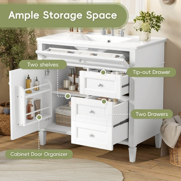 English Elm 36 Inch Modern Bathroom Vanity Ceramic Sink MDF Cabinet Soft Close Storage Drawers White N710P495511K