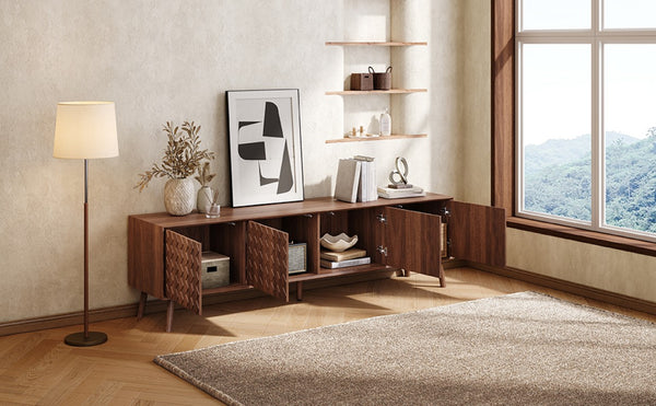 English Elm 70Inch Walnut Media Console with Solid Wood Legs Soft Close Doors and Cable Management 70.8 x 15.7 x 20 Cabinets with Soft-Close Hinges N710P496284P