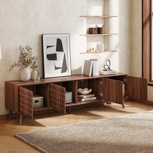 English Elm 70Inch Walnut Media Console with Solid Wood Legs Soft Close Doors and Cable Management 70.8 x 15.7 x 20 Cabinets with Soft-Close Hinges N710P496284P