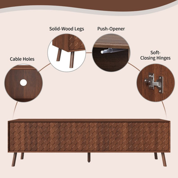 English Elm 70Inch Walnut Media Console with Solid Wood Legs Soft Close Doors and Cable Management 70.8 x 15.7 x 20 Cabinets with Soft-Close Hinges N710P496284P