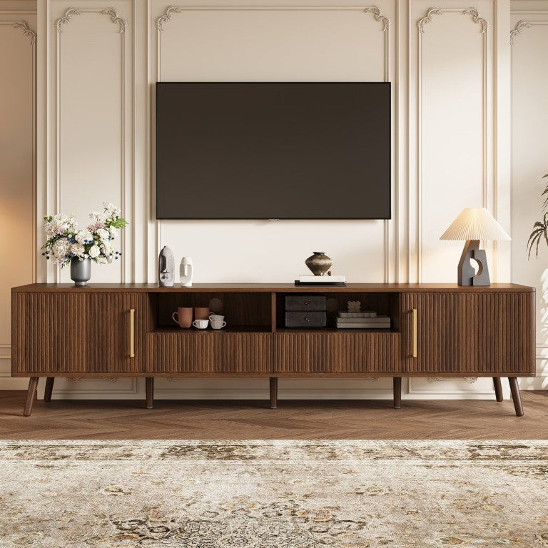English Elm 78-Inch Walnut Media Console with Fluted Fronts Solid Wood Legs and Cable Management N710P496287P