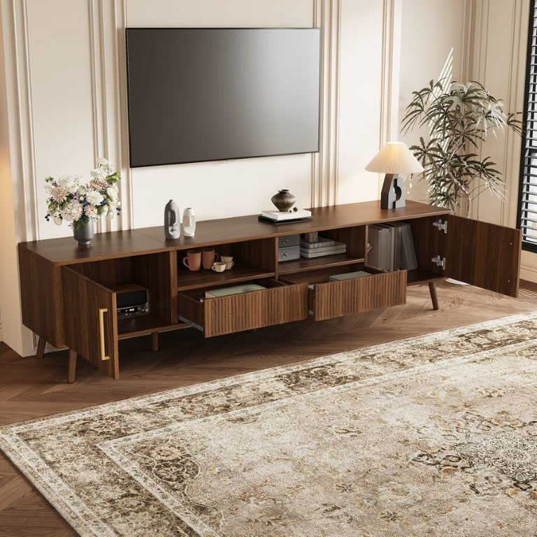 English Elm 78-Inch Walnut Media Console with Fluted Fronts Solid Wood Legs and Cable Management N710P496287P