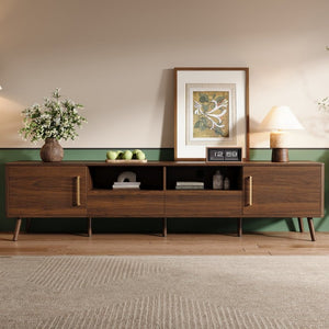 English Elm 78-Inch Walnut Entertainment Console with Solid Wood Legs Soft-Close Storage N710P496288P