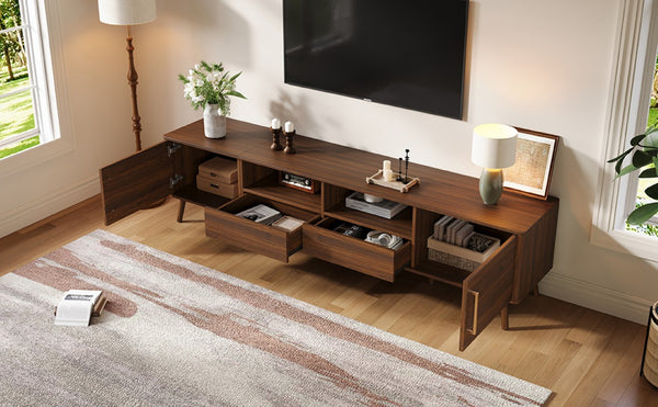 English Elm 78-Inch Walnut Entertainment Console with Solid Wood Legs Soft-Close Storage N710P496288P