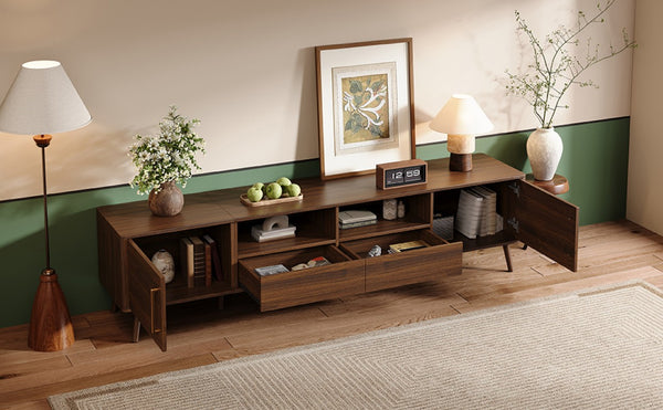 English Elm 78-Inch Walnut Entertainment Console with Solid Wood Legs Soft-Close Storage N710P496288P