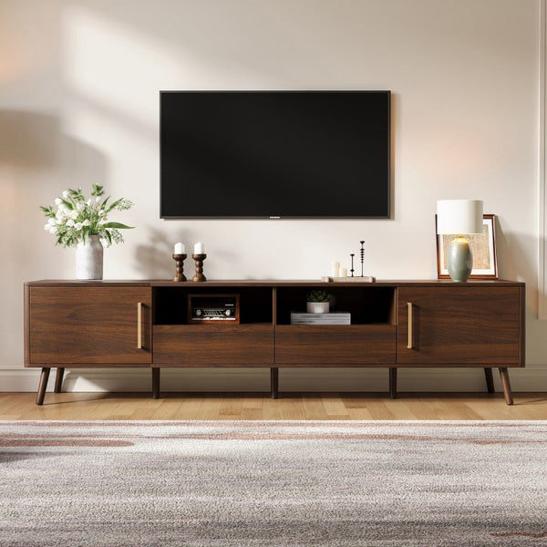 English Elm 78-Inch Walnut Entertainment Console with Solid Wood Legs Soft-Close Storage N710P496288P