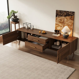 English Elm 70Inch Walnut Media Console with Solid Wood Legs Soft Close Doors and Cable Management 70.8 x 15.75 x 19.53 Drawers and Cabinets N710P496292P