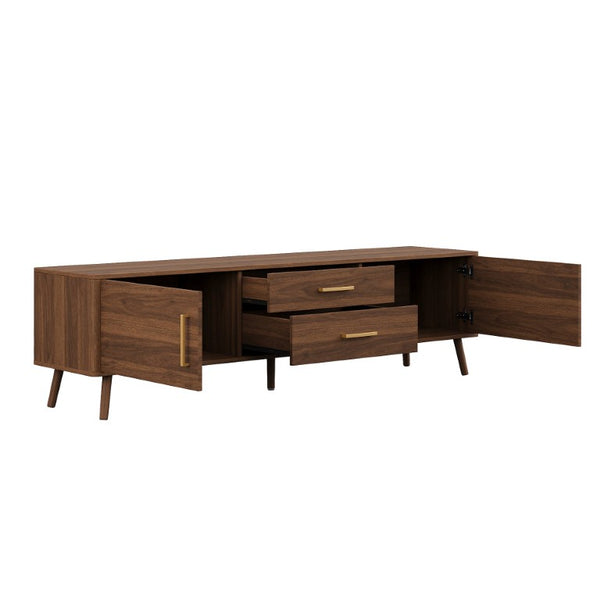 English Elm 70Inch Walnut Media Console with Solid Wood Legs Soft Close Doors and Cable Management 70.8 x 15.75 x 19.53 Drawers and Cabinets N710P496292P