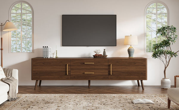 English Elm 70Inch Walnut Media Console with Solid Wood Legs Soft Close Doors and Cable Management 70.8 x 15.75 x 19.53 Drawers and Cabinets N710P496292P