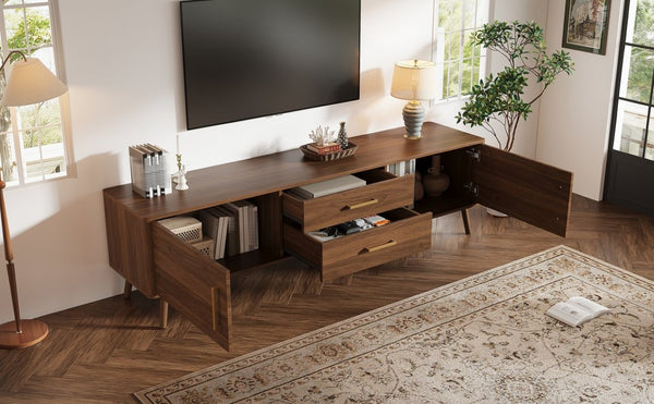 English Elm 70Inch Walnut Media Console with Solid Wood Legs Soft Close Doors and Cable Management 70.8 x 15.75 x 19.53 Drawers and Cabinets N710P496292P
