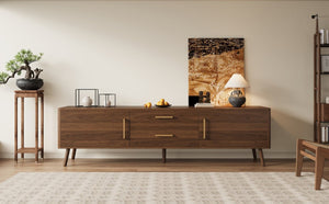 English Elm 70Inch Walnut Media Console with Solid Wood Legs Soft Close Doors and Cable Management 70.8 x 15.75 x 19.53 Drawers and Cabinets N710P496292P