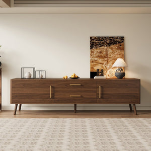 English Elm 70Inch Walnut Media Console with Solid Wood Legs Soft Close Doors and Cable Management 70.8 x 15.75 x 19.53 Drawers and Cabinets N710P496292P