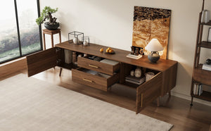 English Elm 70Inch Walnut Media Console with Solid Wood Legs Soft Close Doors and Cable Management 70.8 x 15.75 x 19.53 Drawers and Cabinets N710P496292P