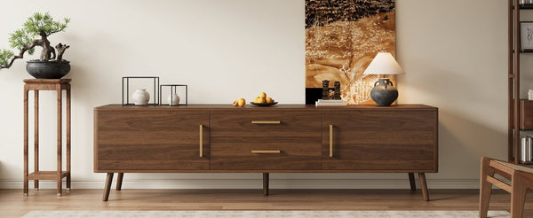 English Elm 70Inch Walnut Media Console with Solid Wood Legs Soft Close Doors and Cable Management 70.8 x 15.75 x 19.53 Drawers and Cabinets N710P496292P