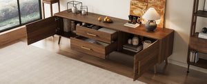 English Elm 70Inch Walnut Media Console with Solid Wood Legs Soft Close Doors and Cable Management 70.8 x 15.75 x 19.53 Drawers and Cabinets N710P496292P