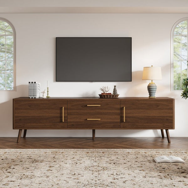English Elm 70Inch Walnut Media Console with Solid Wood Legs Soft Close Doors and Cable Management 70.8 x 15.75 x 19.53 Drawers and Cabinets N710P496292P