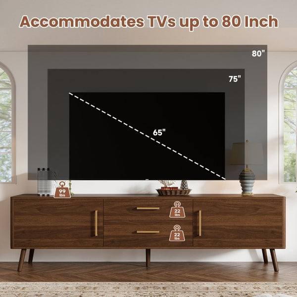 English Elm 70Inch Walnut Media Console with Solid Wood Legs Soft Close Doors and Cable Management 70.8 x 15.75 x 19.53 Drawers and Cabinets N710P496292P