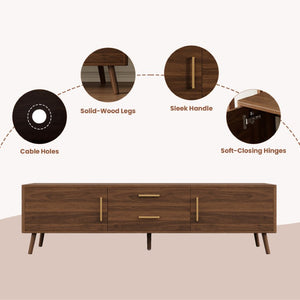 English Elm 70Inch Walnut Media Console with Solid Wood Legs Soft Close Doors and Cable Management 70.8 x 15.75 x 19.53 Drawers and Cabinets N710P496292P