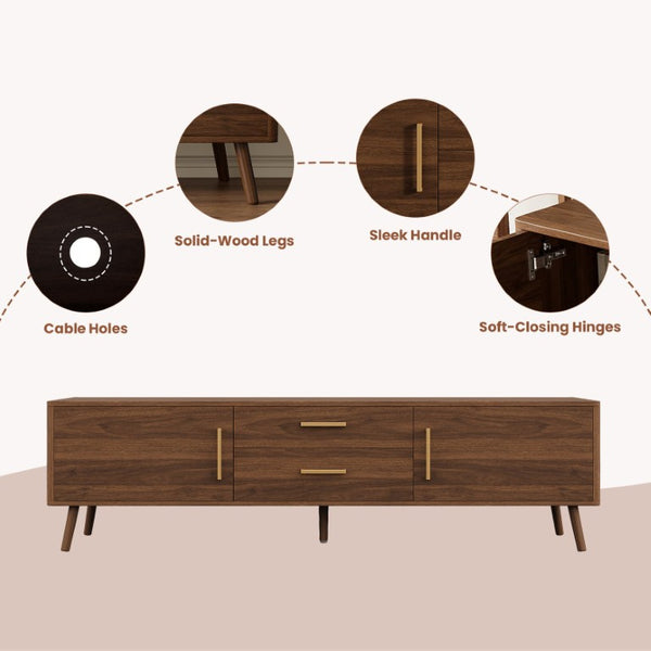 English Elm 70Inch Walnut Media Console with Solid Wood Legs Soft Close Doors and Cable Management 70.8 x 15.75 x 19.53 Drawers and Cabinets N710P496292P