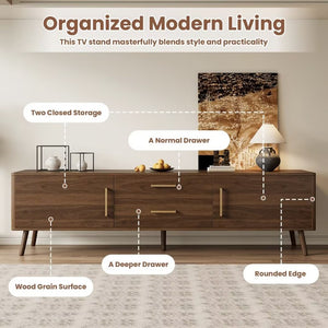 English Elm 70Inch Walnut Media Console with Solid Wood Legs Soft Close Doors and Cable Management 70.8 x 15.75 x 19.53 Drawers and Cabinets N710P496292P