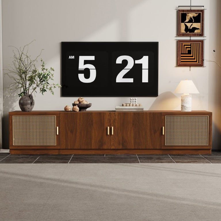 English Elm 78 Inch Media Console with Rattan Doors Fluted Fronts and Walnut Finish for Living Room N710P496300P