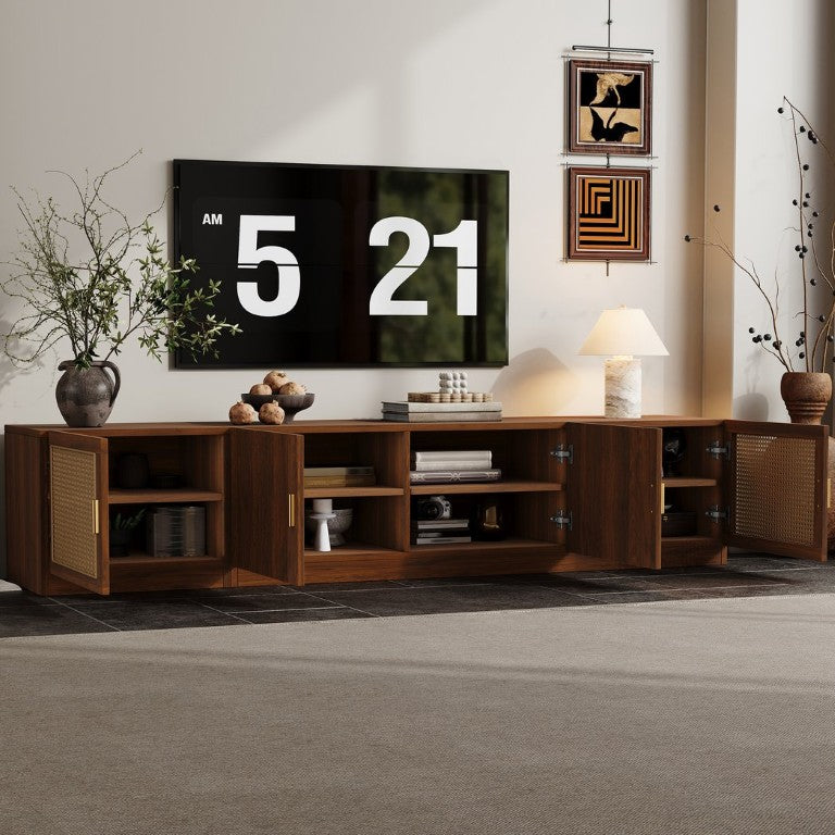 English Elm 78 Inch Media Console with Rattan Doors Fluted Fronts and Walnut Finish for Living Room N710P496300P