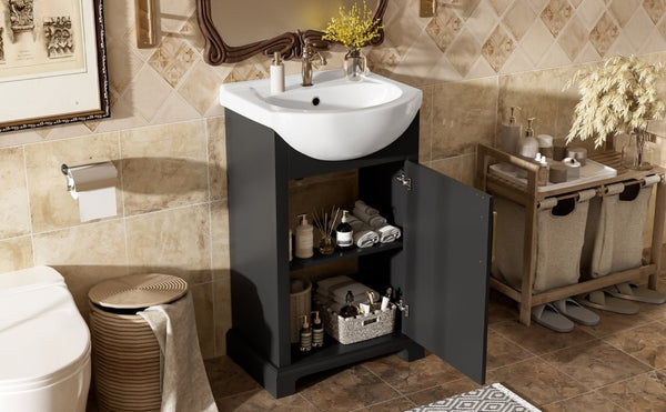 English Elm 20-Inch French Style Bathroom Vanity Solid Wood Cabinet with Bulged Ceramic Basin Black N710P499667B