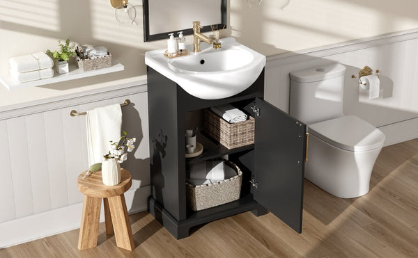 English Elm 20-Inch French Style Bathroom Vanity Solid Wood Cabinet with Bulged Ceramic Basin Black N710P499667B